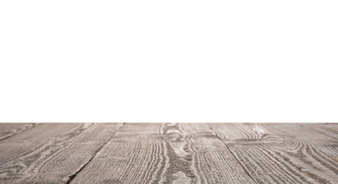 Photo of Empty grey wooden surface isolated on white. Mockup for design