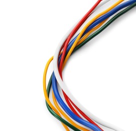 Photo of Many electrical wires with insulation on white background