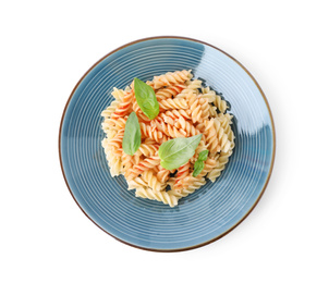 Photo of Delicious fusilli pasta with tomato sauce isolated on white, top view