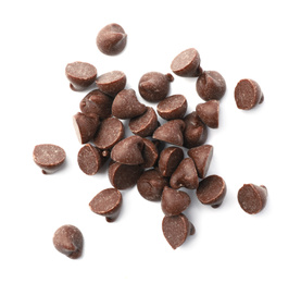 Photo of Pile of delicious chocolate chips isolated on white, top view