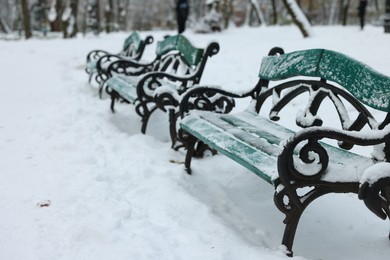 Photo of Green wooden benches and trees in winter park