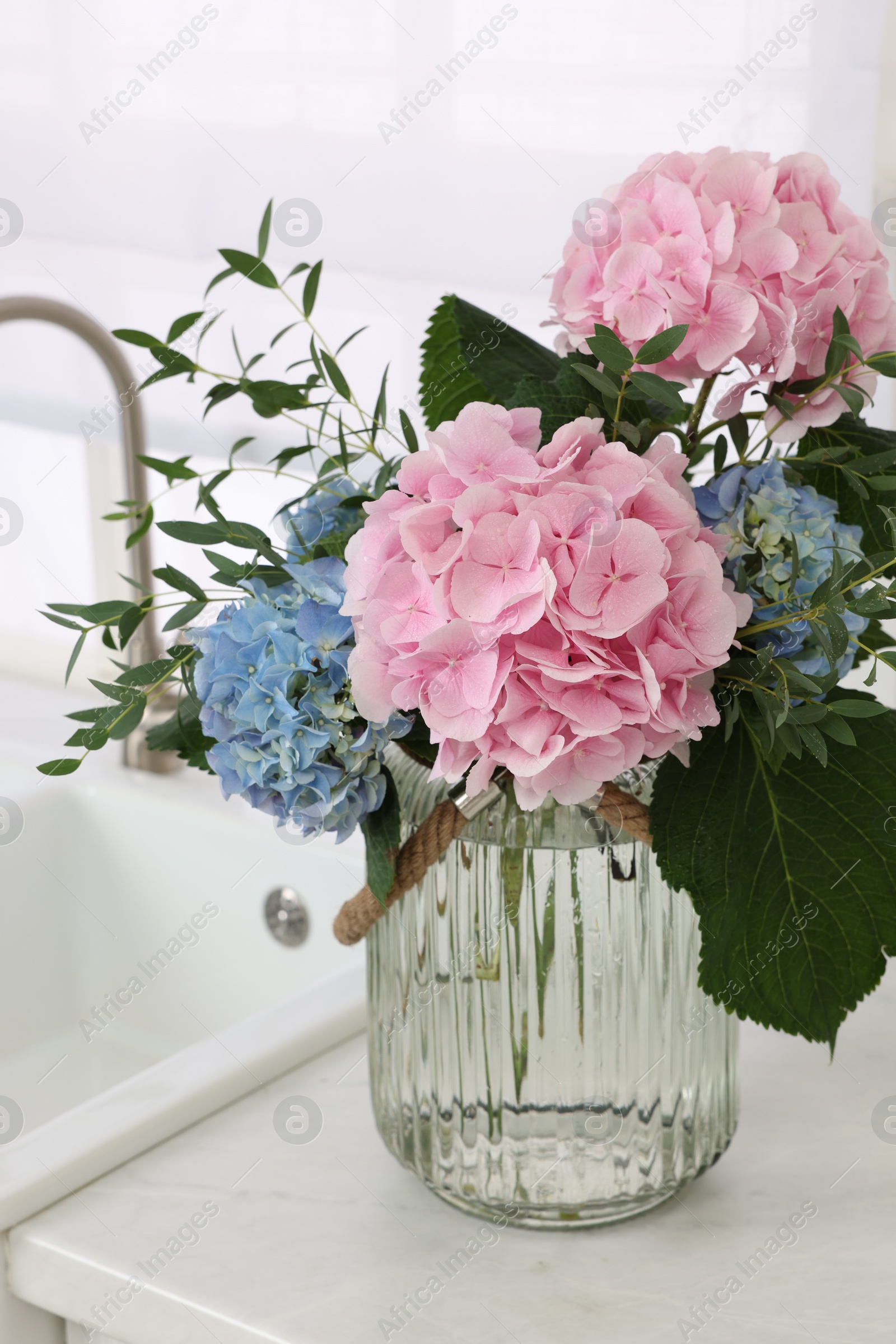 Photo of Beautiful hortensia flowers in vase on kitchen counter