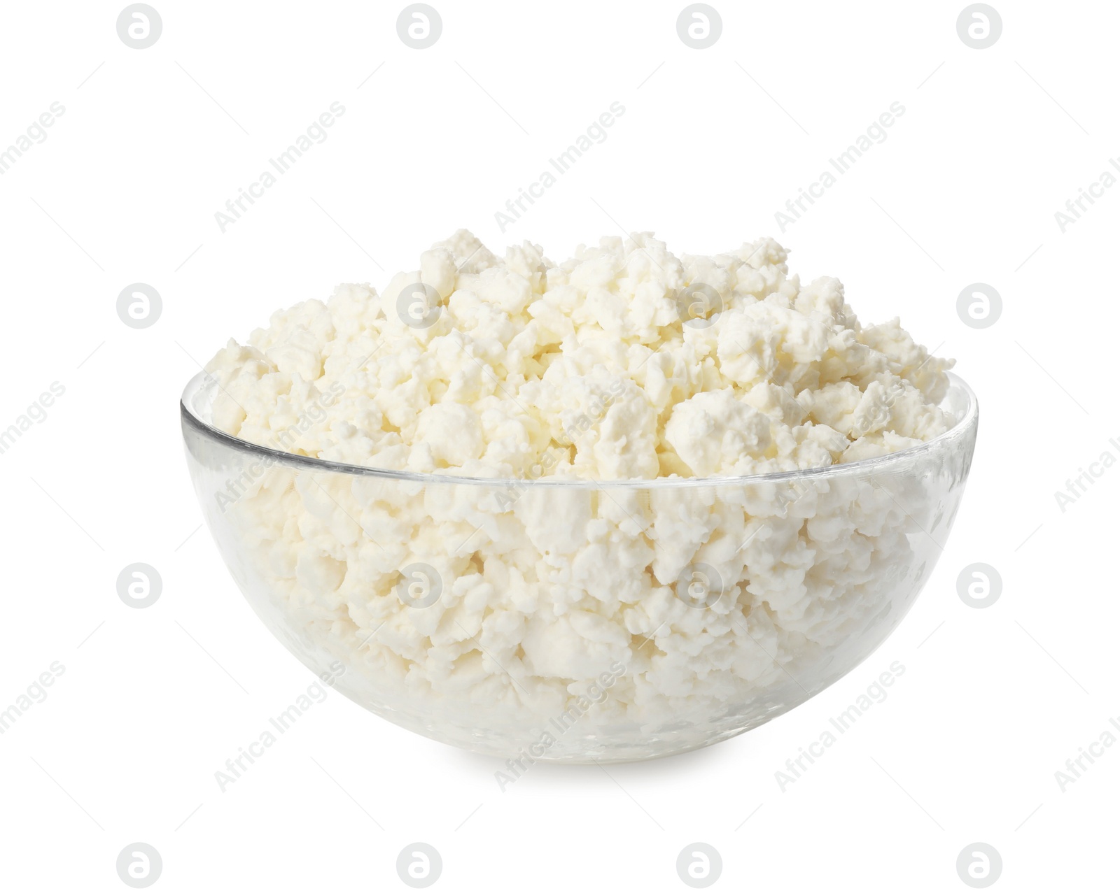 Photo of Delicious fresh cottage cheese in bowl isolated on white