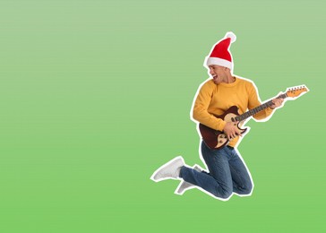Pop art poster. Man in Santa hat jumping while playing guitar on green gradient background, pin up style