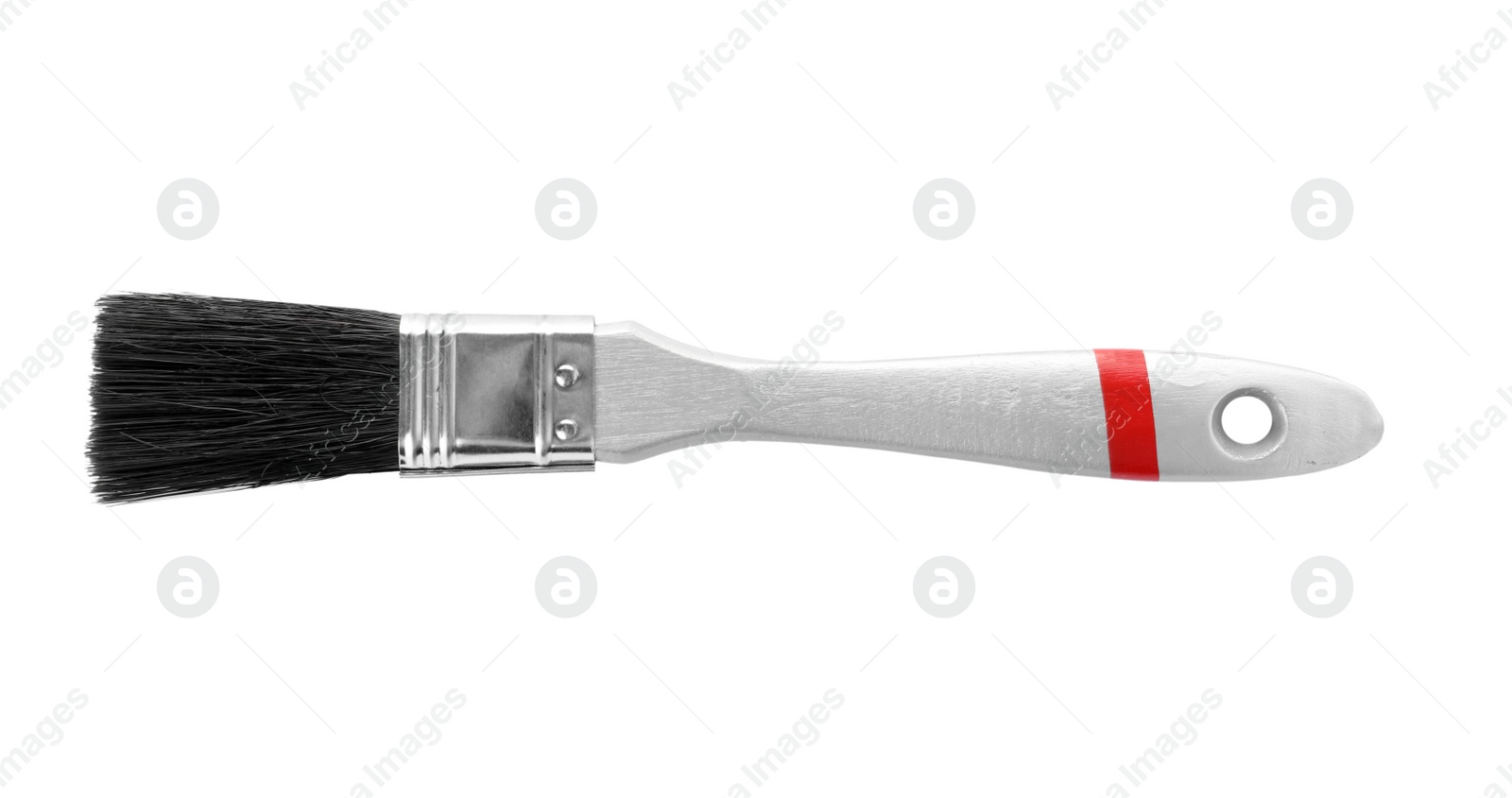 Photo of Paint brush with wooden handle and dark bristle on white background