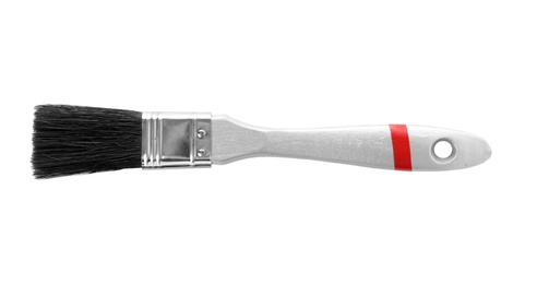 Paint brush with wooden handle and dark bristle on white background