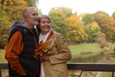 Photo of Affectionate senior couple with dry leaves in autumn park, space for text