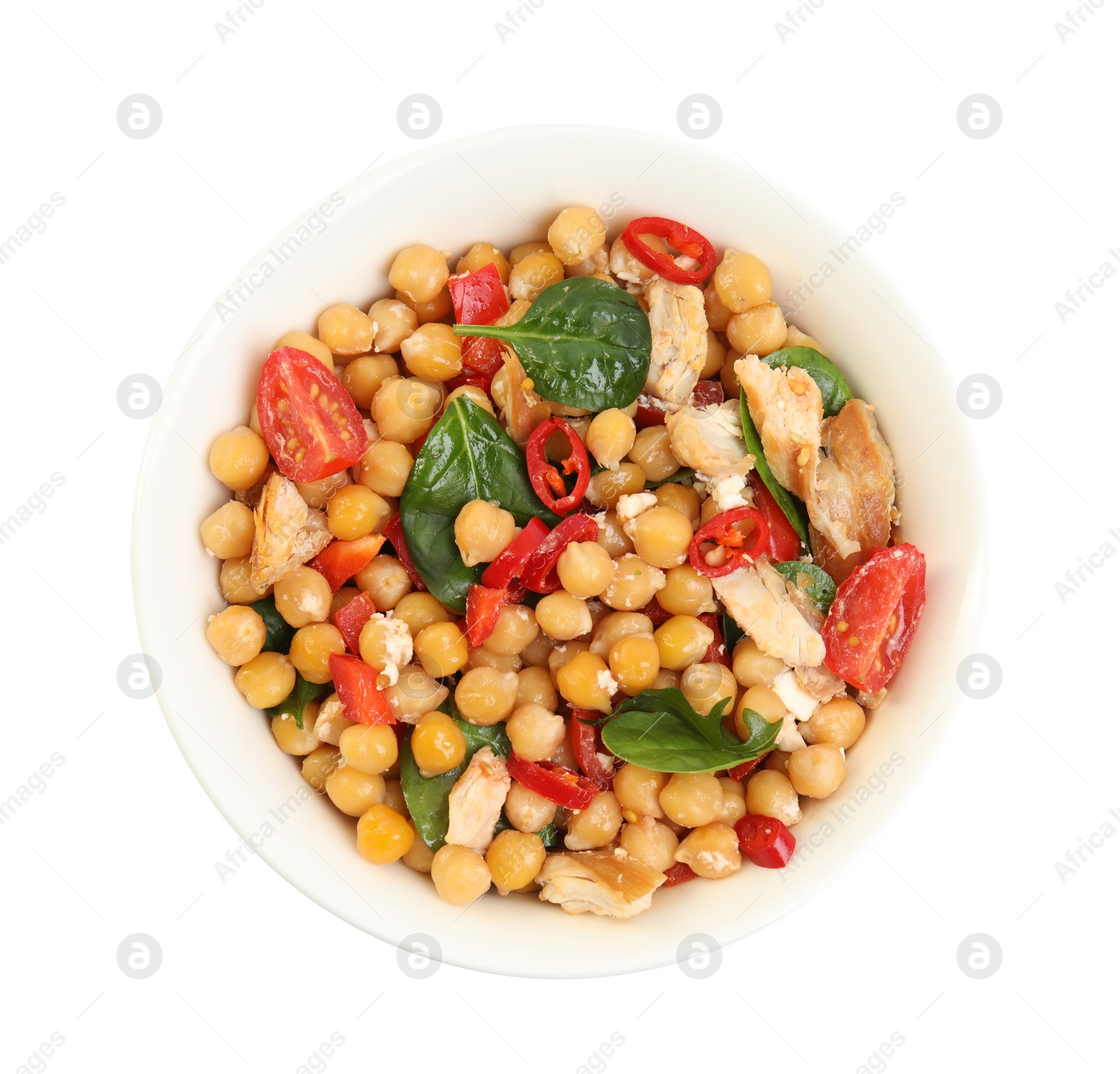 Photo of Bowl with delicious fresh chickpea salad isolated on white, top view