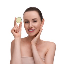 Photo of Beautiful woman with piece of cucumber on white background
