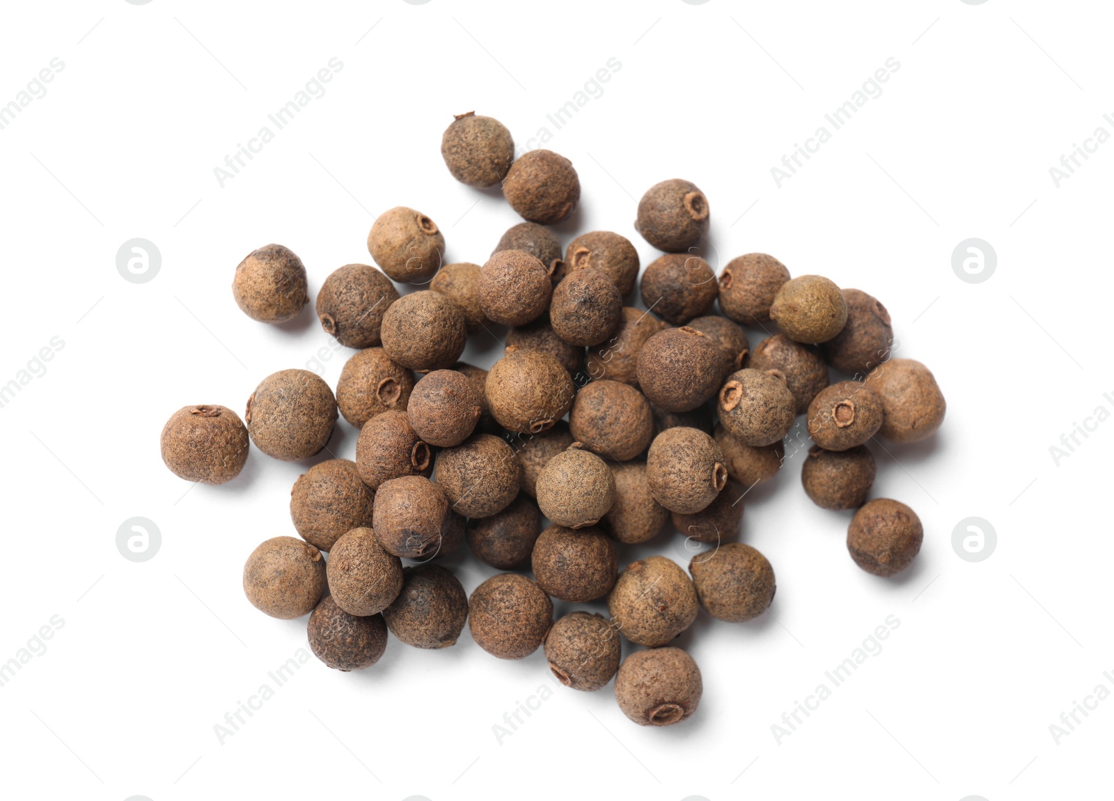 Photo of Dry allspice berries (Jamaica pepper) isolated on white, top view