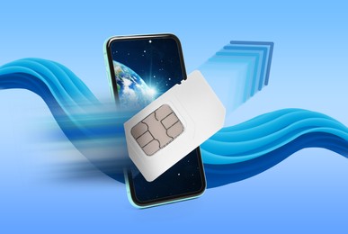 Image of Fast internet connection. SIM card flying out of smartphone on light blue background