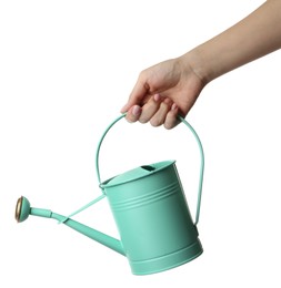 Woman holding watering can on white background, closeup
