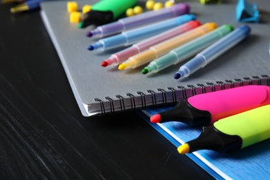 Photo of Different stationery on table, closeup. Back to school