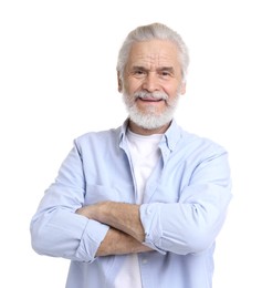 Photo of Portrait of happy grandpa on white background