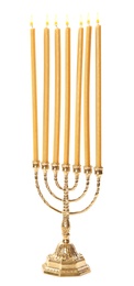 Photo of Golden menorah with burning candles on white background