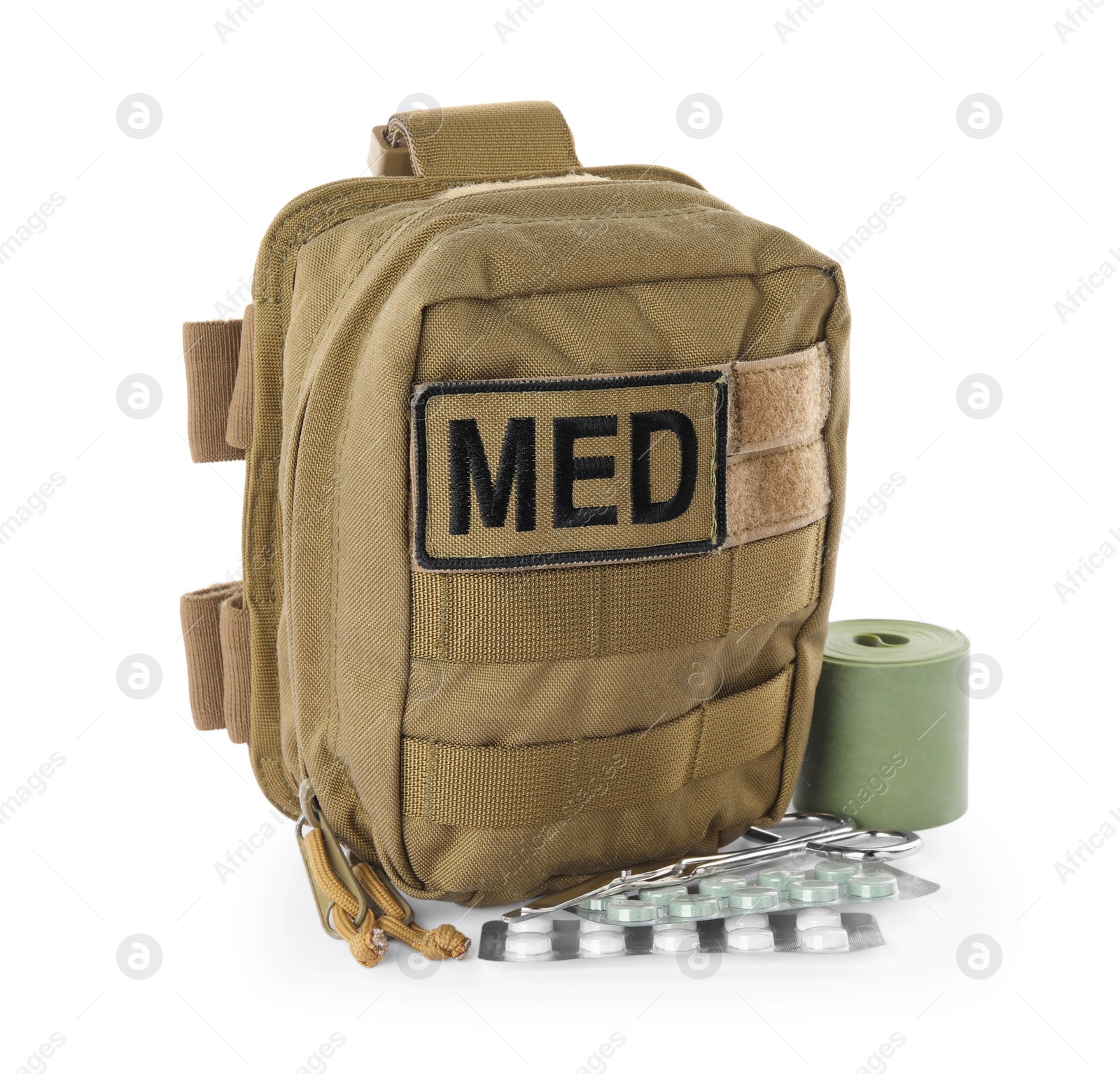 Photo of Military first aid kit with items isolated on white