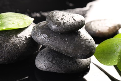 Wet spa stones and green leaves on blurred background