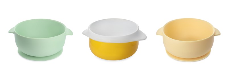 Set with different bowls on white background, banner design. Serving baby food