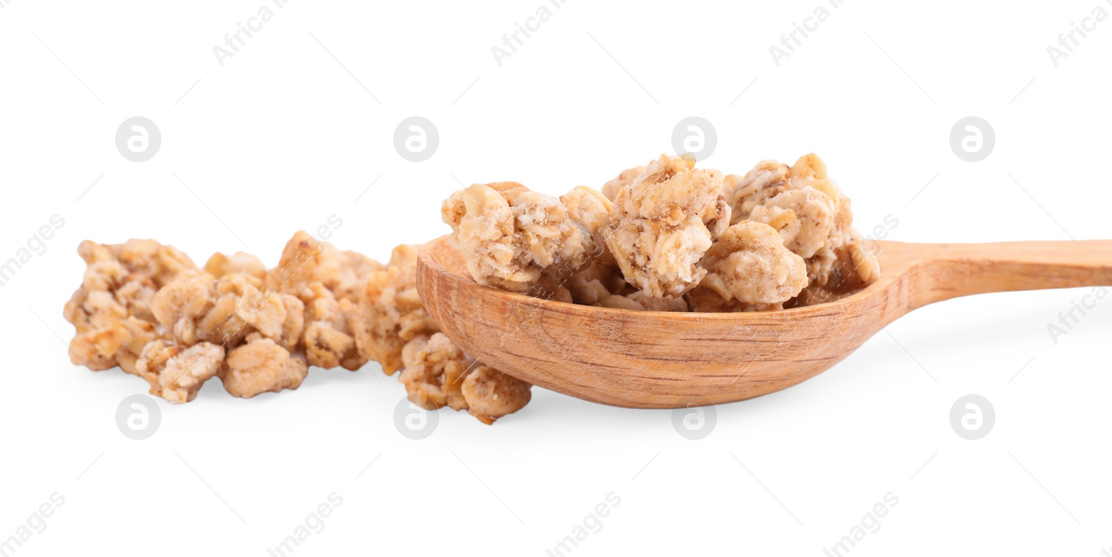 Image of Tasty crispy granola and wooden spoon on white background