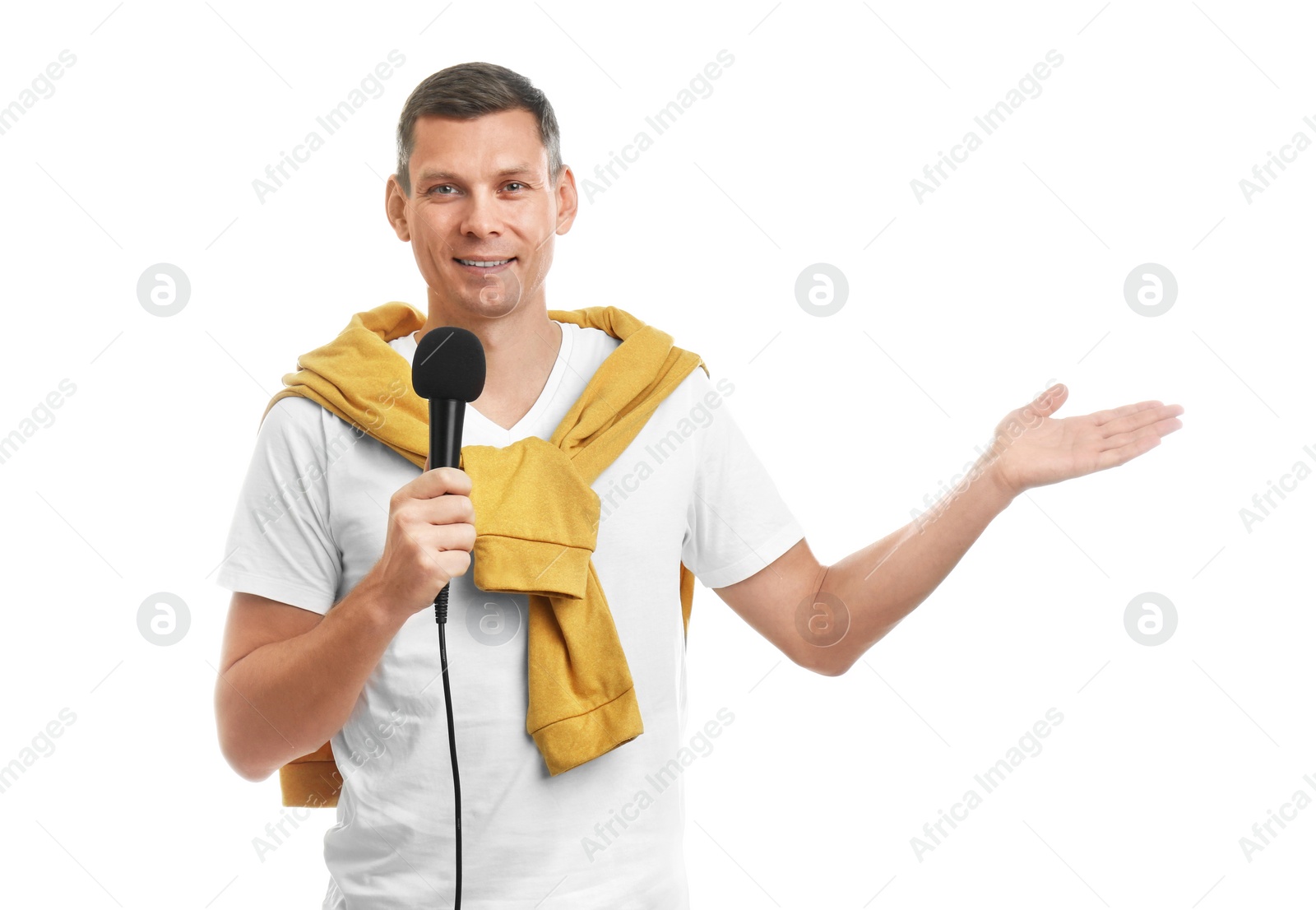 Photo of Male journalist with microphone on white background