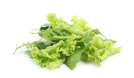 Photo of Heap of fresh salad greens on white background