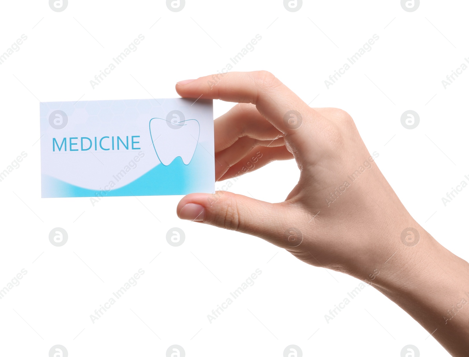 Photo of Woman holding business card isolated on white, closeup. Dental medical service