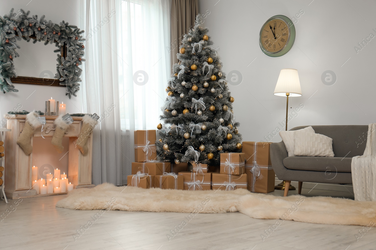 Photo of Decorated Christmas tree in modern living room interior