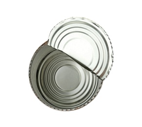 Empty aluminum can on white background, top view. Metal waste recycling