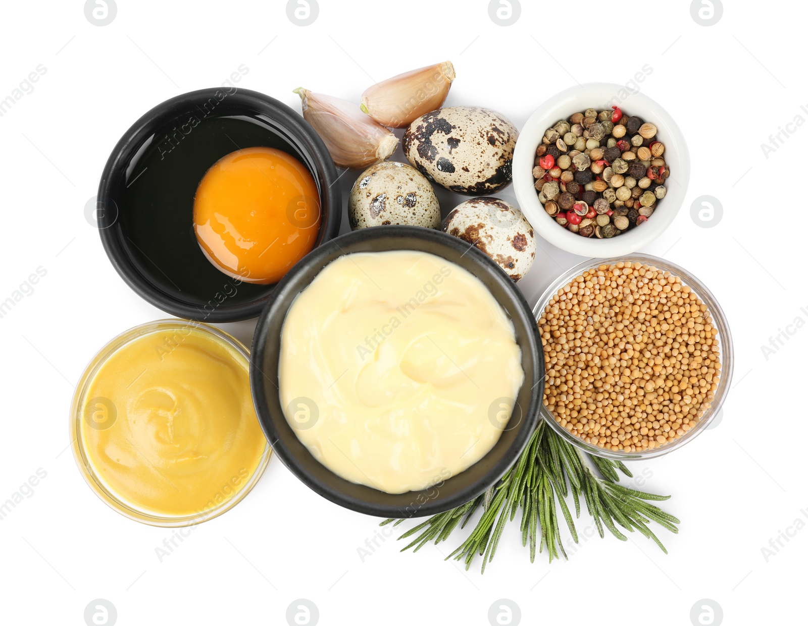 Photo of Delicious homemade mayonnaise, spices and ingredients on white background, top view