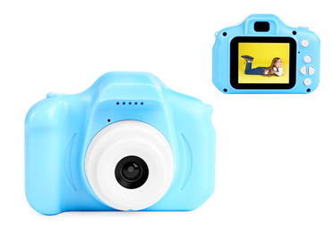 Blue toy cameras on white background in collage, one with photo of cute little girl