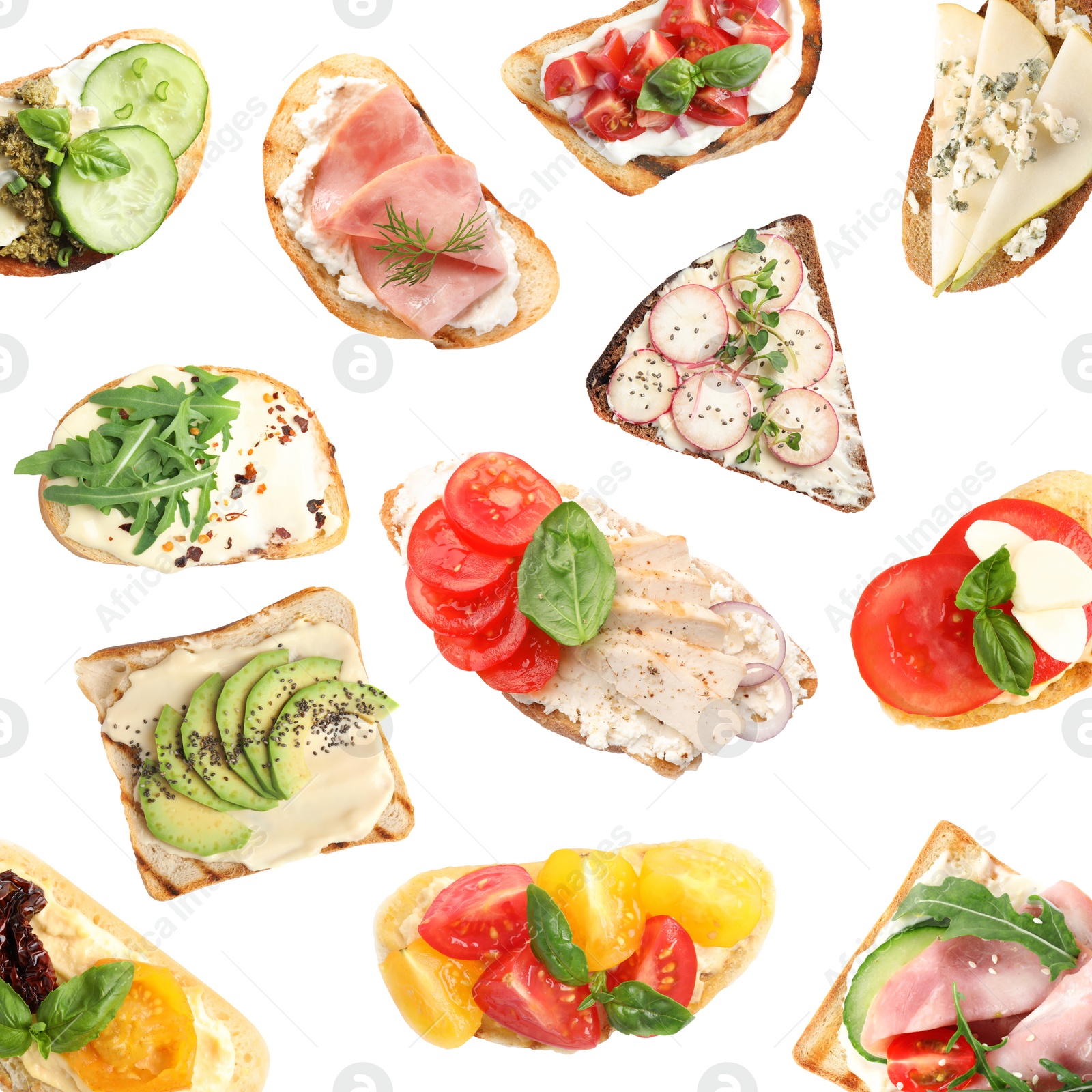 Image of Set of delicious toasted bread with different toppings on white background, top view