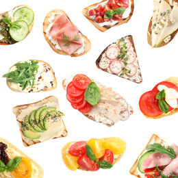 Image of Set of delicious toasted bread with different toppings on white background, top view