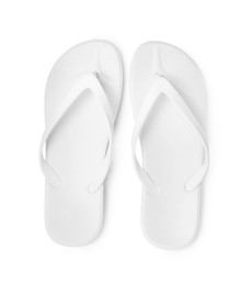 Pair of stylish flip flops isolated on white, top view