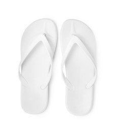 Photo of Pair of stylish flip flops isolated on white, top view