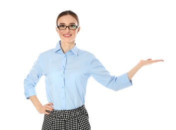 Photo of Portrait of young female teacher on white background