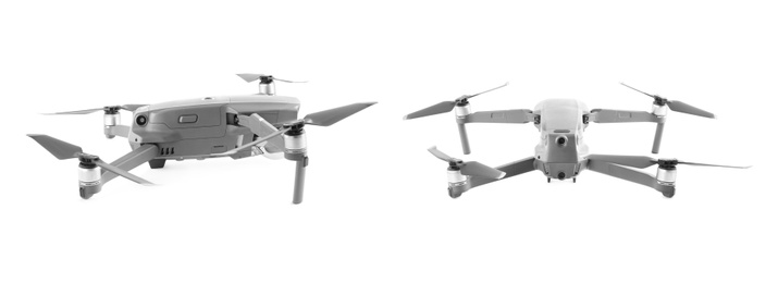 Image of Modern drone on white background, views from different sides. Banner design