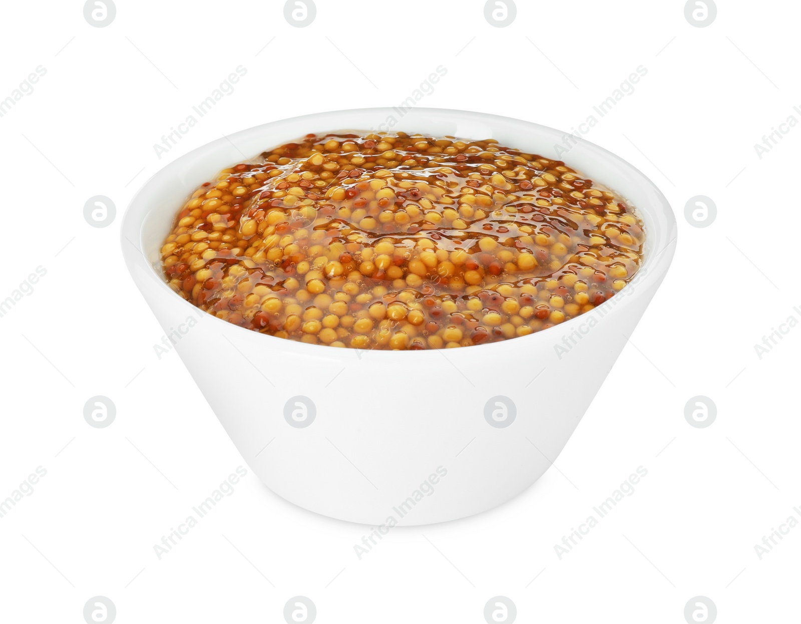 Photo of Fresh whole grain mustard in bowl isolated on white