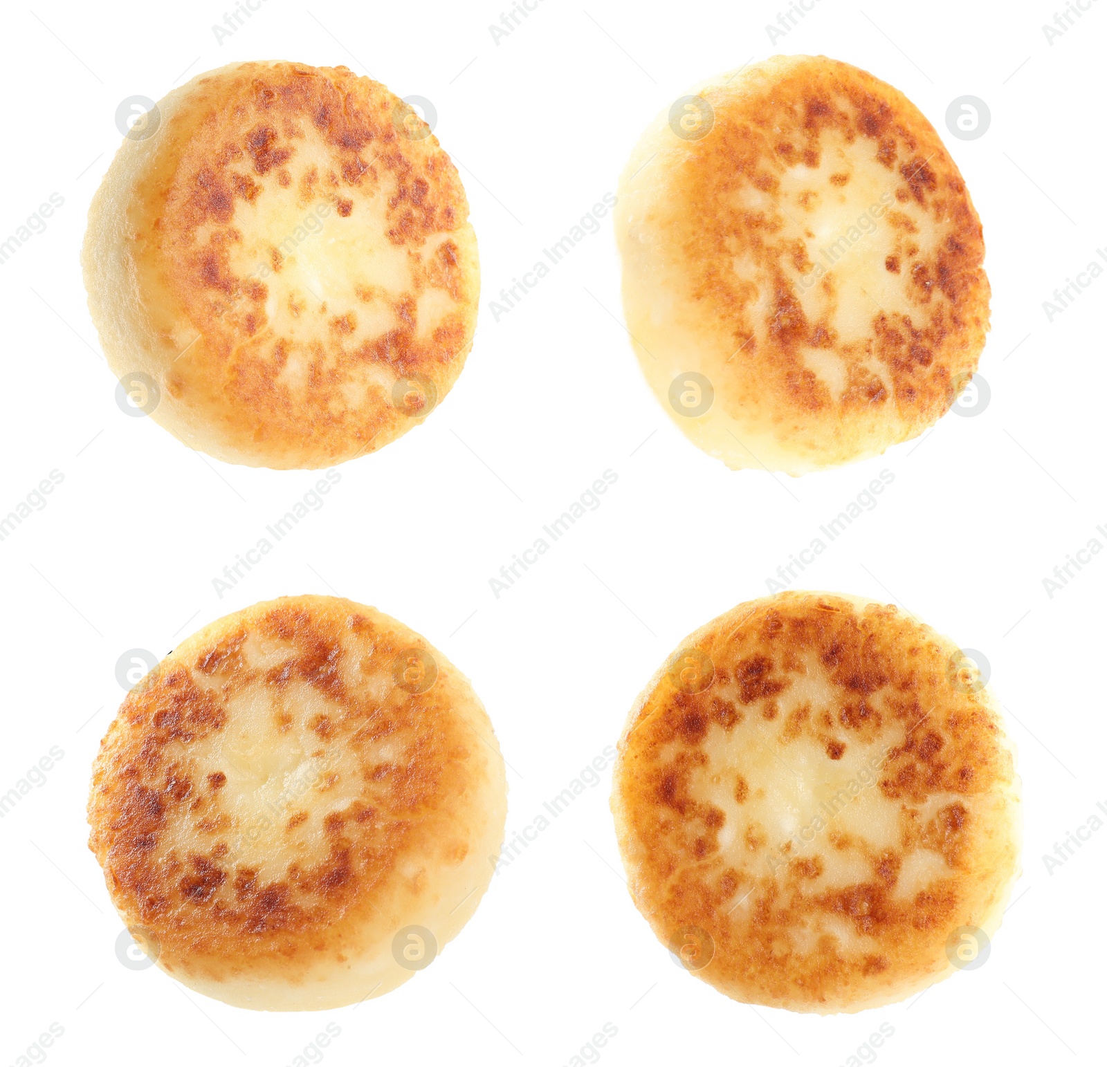 Image of Set with delicious cottage cheese pancakes on white background