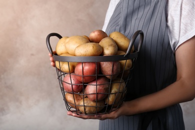 Person holding basket with fresh organic potatoes on color background