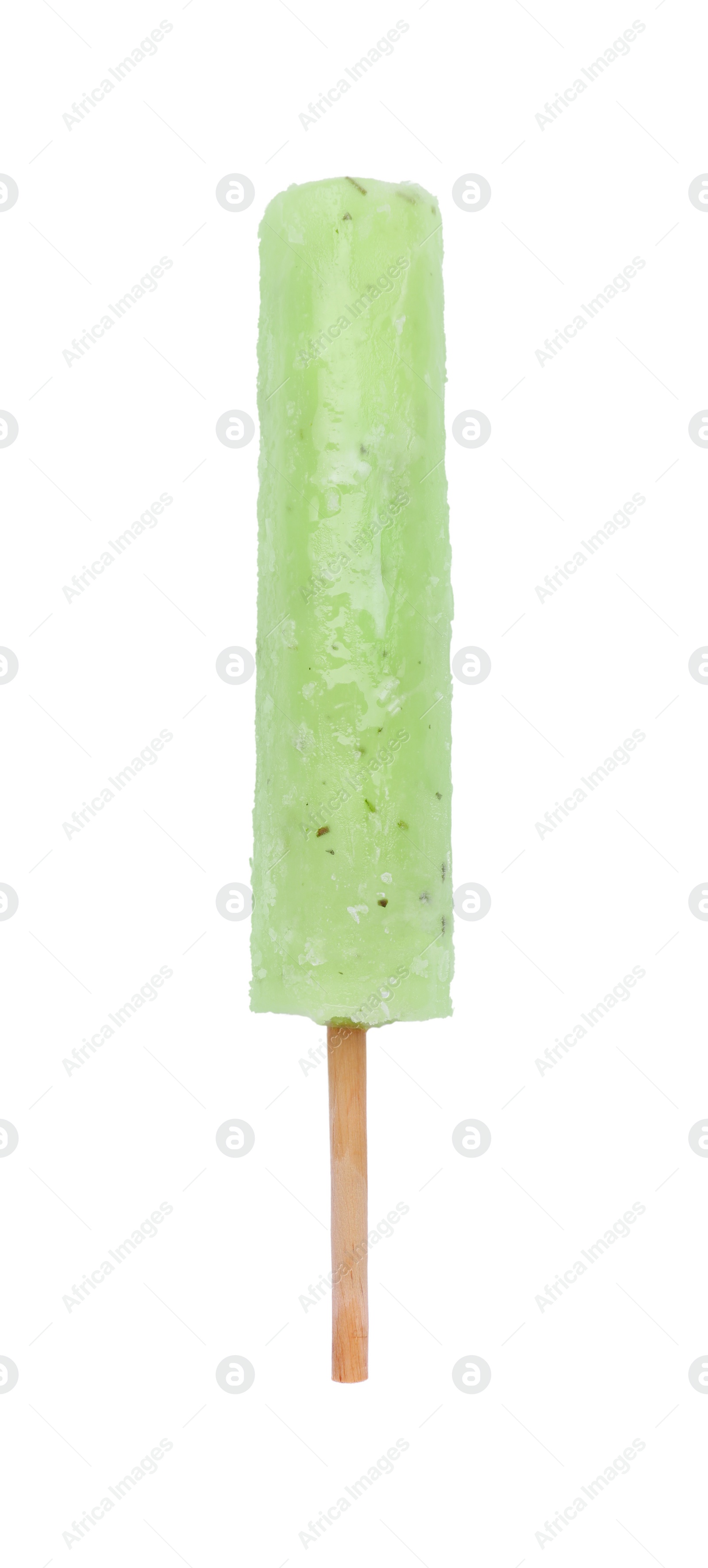 Photo of Delicious ice pop on white background, top view. Fruit popsicle