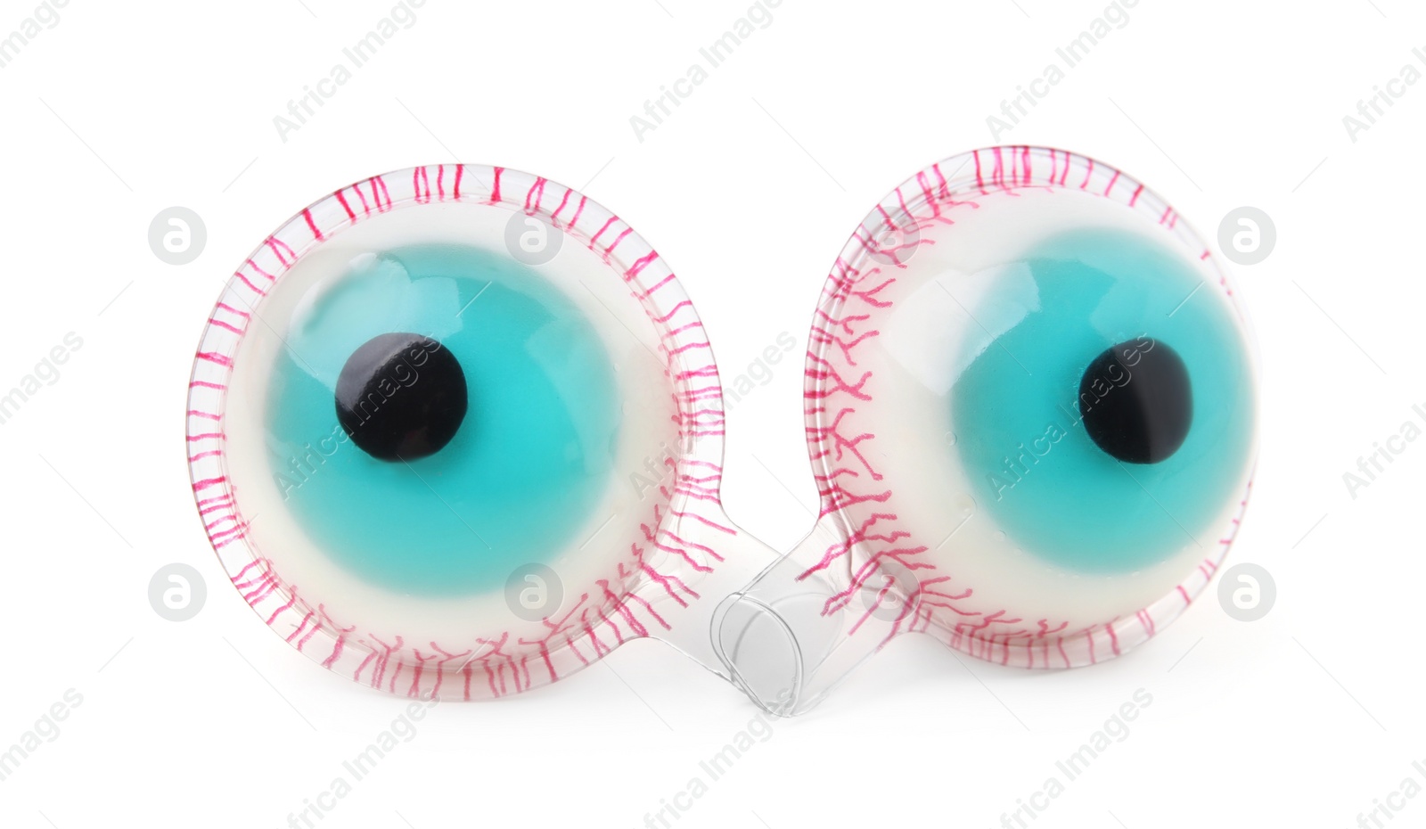 Photo of Delicious colorful candies in shape of eyes on white background. Halloween sweets