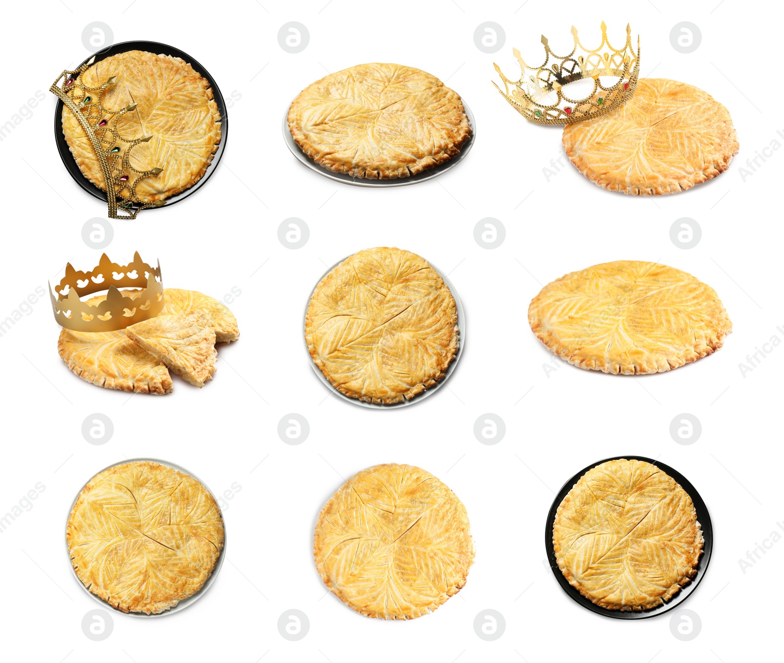 Image of Set of traditional delicious galettes des rois on white background