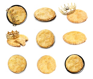 Set of traditional delicious galettes des rois on white background