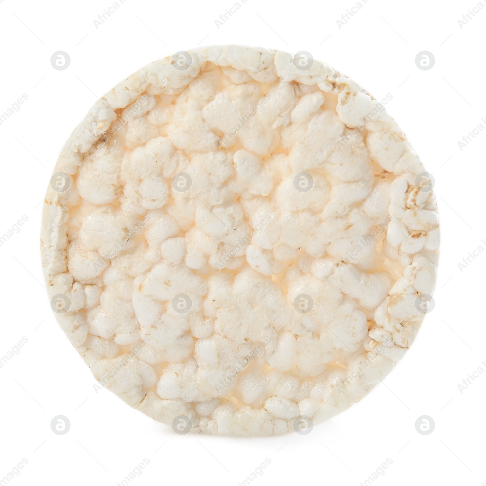 Photo of Puffed rice cake isolated on white. Healthy snack