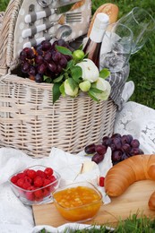 Picnic blanket with tasty food, flowers, basket and cider on green grass outdoors