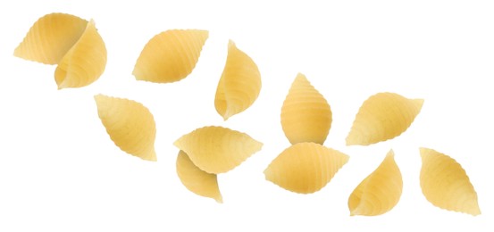 Image of Raw conchiglie pasta flying on white background