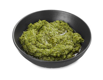 Photo of Fresh tasty pesto sauce isolated on white