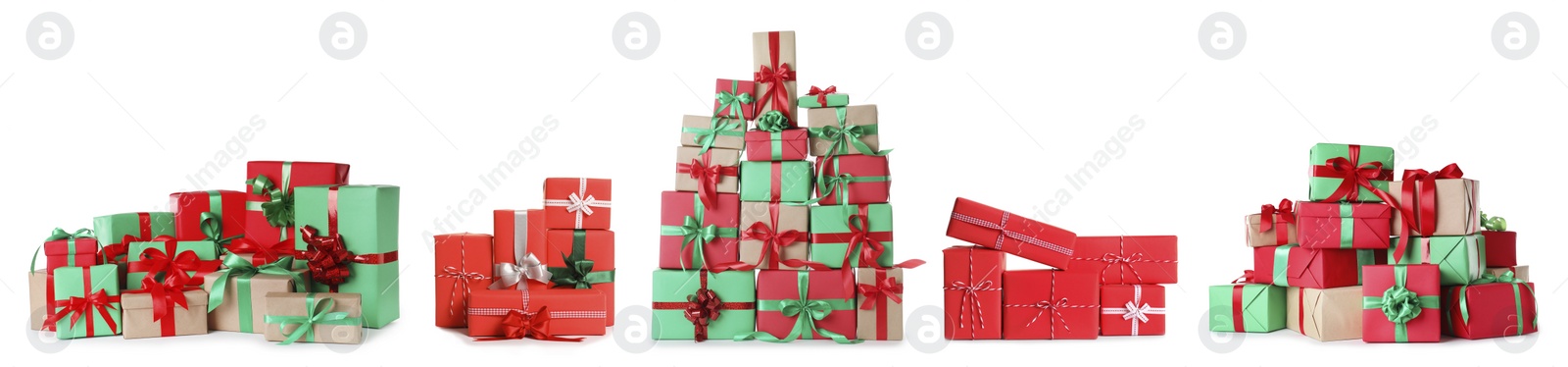 Image of Set with piles of Christmas gift boxes on white background. Banner design