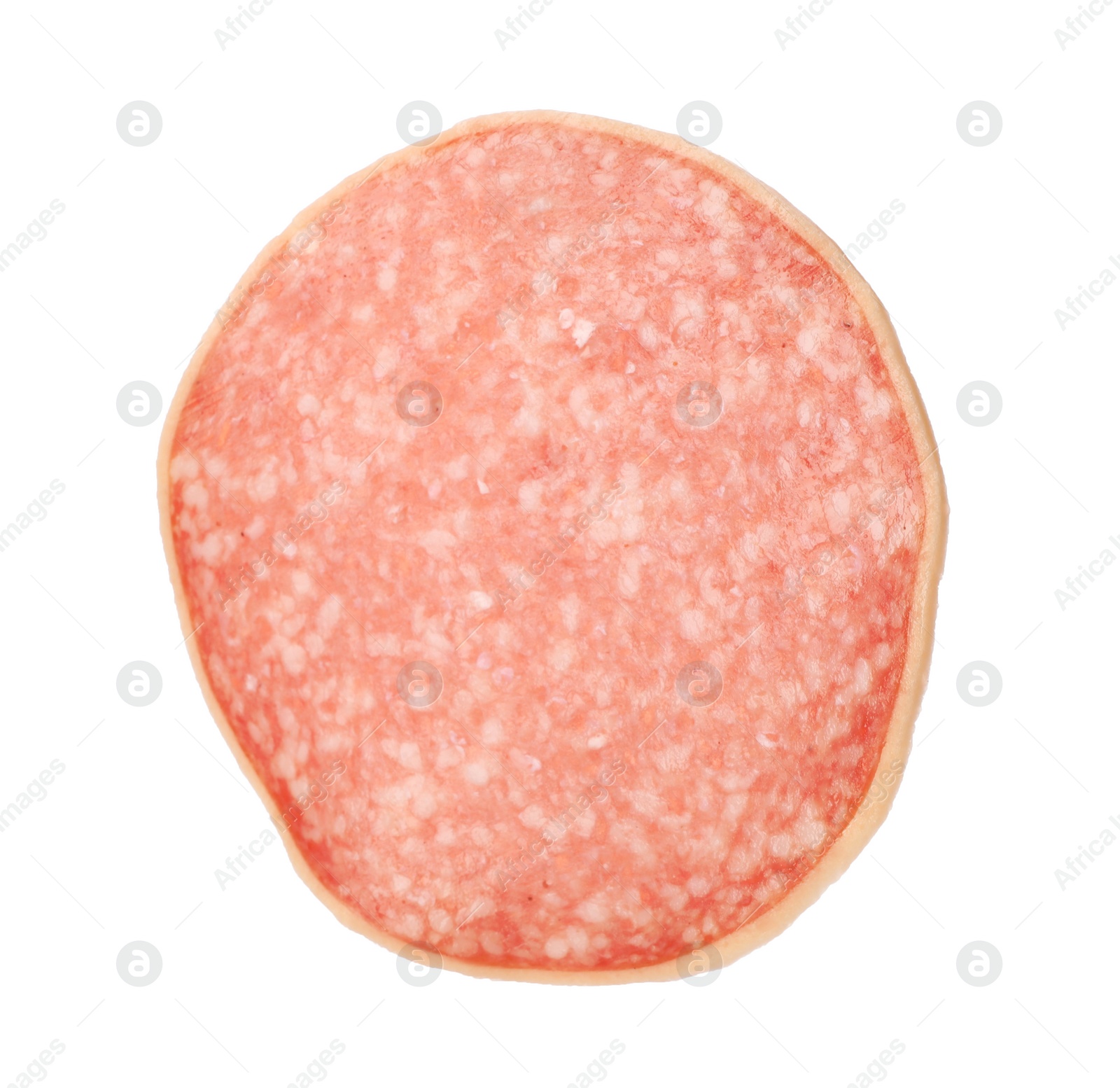 Photo of Piece of salami smoked sausage isolated on white