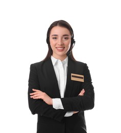 Portrait of receptionist with headset on white background